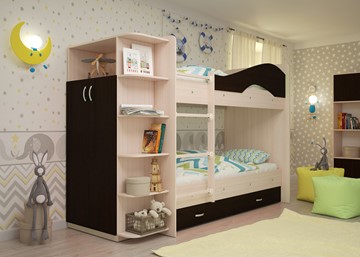 Двухэтажная детская кровать ТМК Мая на щитах со шкафом и ящиками, корпус Млечный дуб, фасад Венге в Саратове