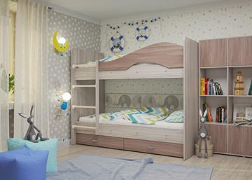 Детская кровать для мальчика Мая с 2 ящиками на щитах, корпус Шимо светлый, фасад Шимо темный в Саратове