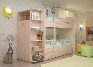 Двухъярусная кровать Мая на щитах со шкафом и ящиками, цвет Млечный дуб в Энгельсе