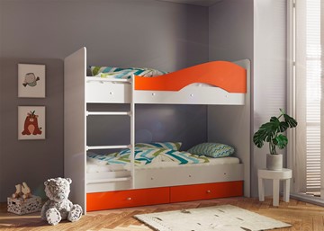 Кровать двухъярусная Мая с 2 ящиками на щитах, корпус Млечный дуб, фасад Оранжевый в Балаково