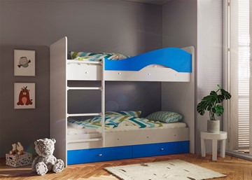 Детская 2-х ярусная кровать Мая с 2 ящиками на щитах, корпус Млечный дуб, фасад Синий в Балаково