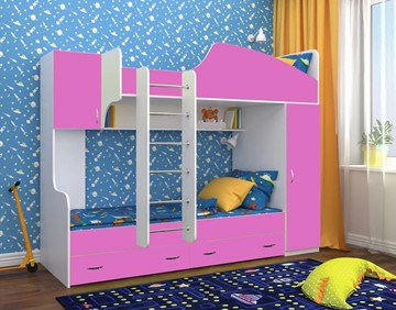 Детская кровать-шкаф Юниор-2, каркас Белое дерево, фасад Розовый в Саратове