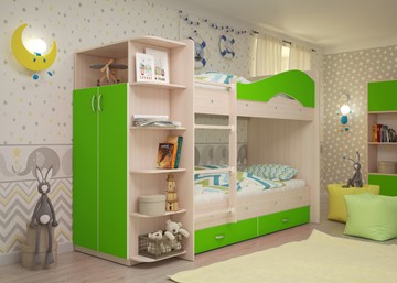 Детская 2-этажная кровать Мая на щитах со шкафом и ящиками, корпус Млечный дуб, фасад Салатовый в Саратове