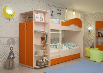 Детская двухъярусная кровать Мая на щитах со шкафом и ящиками, корпус Млечный дуб, фасад Оранжевый в Энгельсе