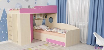 Кровать-чердак детская Кадет-2 с металлической лестницей, корпус Дуб, фасад Розовый в Энгельсе