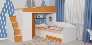 Детская кровать-шкаф Кадет-2 с универсальной лестницей, корпус Белое дерево, фасад Оранжевый в Саратове