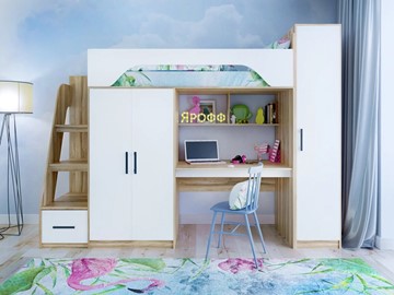 Кровать-чердак в детскую с шкафом Тея, каркас Ясень, фасад Белый в Саратове