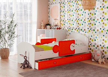 Детская кровать с ящиком и бортиками Мозайка, корпус Белый/фасад Оранжевый (ламели) в Саратове