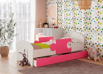 Детская кровать с бортиками и ящиком Мозайка, корпус Белый/фасад Розовый (ламели) в Саратове