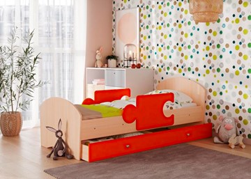 Кровать детская с бортиками и ящиком Мозайка, корпус Млечный дуб/фасад Оранжевый (ламели) в Саратове