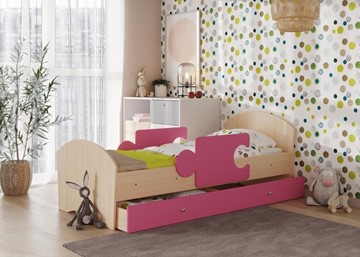 Кровать детская с бортиками и ящиком Мозайка, корпус Млечный дуб/фасад Розовый (ламели) в Саратове