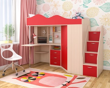 Детская кровать-шкаф Пионер-1, каркас Дуб, фасад Красный в Балаково