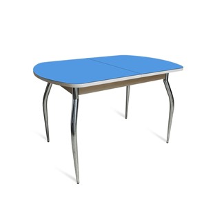 Кухонный обеденный стол ПГ-05 СТ2, дуб молочный/синие стекло/35 хром гнутые металл в Саратове
