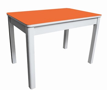 Кухонный стол раздвижной Айсберг-01 СТ2, белое ЛДСП/стекло оранжевое/прямые массив белый в Саратове