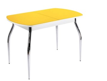 Кухонный стол раскладной ПГ-07 СТ2, белое/желтое стекло/35 хром гнутые металл в Балаково