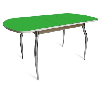 Обеденный раздвижной стол ПГ-07 СТ2, дуб молочный/зеленое стекло/35 хром гнутые металл в Саратове