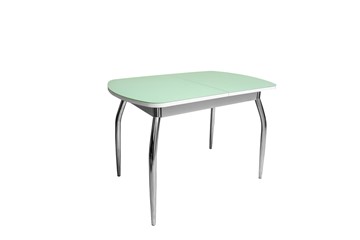 Кухонный обеденный стол ПГ-06 СТ2, белое ЛДСП/фисташка стекло/35 хром гнутые металл в Энгельсе