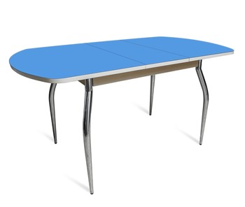 Кухонный раскладной стол ПГ-01 СТ2, дуб молочный/синие стекло/35 хром гнутые металл в Саратове