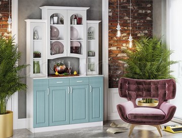 Кухонный шкаф Констанция 4-х створчатый, белый матовый/голубой в Энгельсе
