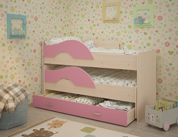 Двухэтажная детская кровать Радуга 1.6 с ящиком, корпус Млечный дуб, фасад Розовый в Энгельсе