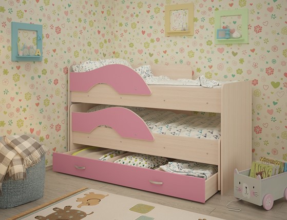Двухэтажная детская кровать Радуга 1.6 с ящиком, корпус Млечный дуб, фасад Розовый в Саратове - изображение