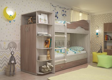 Детская двухэтажная кровать Мая на щитах со шкафом и ящиками, корпус Шимо светлый, фасад Шимо темный в Саратове - предосмотр