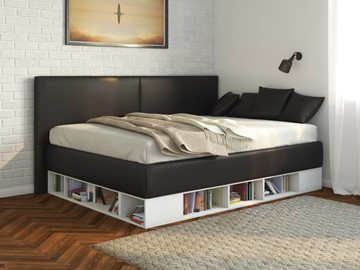Подростковая кровать Lancaster 1, 140х200, ЛДСП белая, экокожа черная в Саратове
