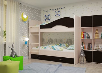 Детская  двухъярусная кровать Мая с 2 ящиками на щитах, корпус Млечный дуб, фасад Венге в Саратове - предосмотр 1