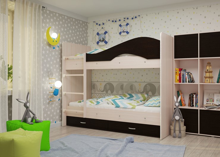 Детская  двухъярусная кровать Мая с 2 ящиками на щитах, корпус Млечный дуб, фасад Венге в Саратове - изображение 1