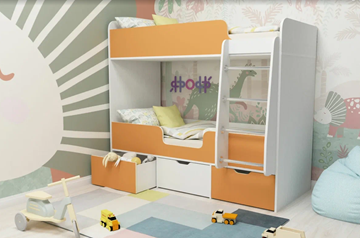 Двухэтажная детская кровать Малыш двойняшка 70х160, корпус Белое дерево, фасад Оранжевый в Саратове - предосмотр