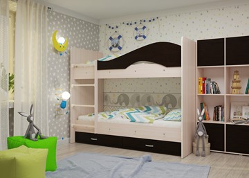Двухэтажная детская кровать Мая на щитах со шкафом и ящиками, корпус Млечный дуб, фасад Венге в Саратове - предосмотр 1