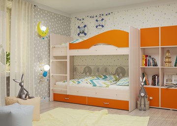 Кровать двухъярусная Мая с 2 ящиками на щитах, корпус Млечный дуб, фасад Оранжевый в Саратове - предосмотр 3