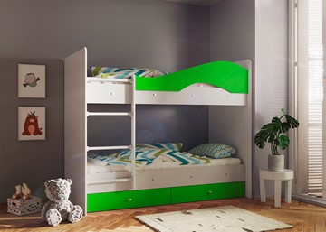 Детская двухэтажная кровать Мая с 2 ящиками на щитах, корпус Млечный дуб, фасад Салатовый в Энгельсе