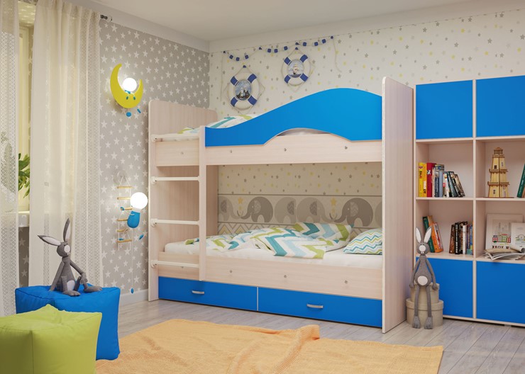 Детская 2-х ярусная кровать Мая с 2 ящиками на щитах, корпус Млечный дуб, фасад Синий в Саратове - изображение 3