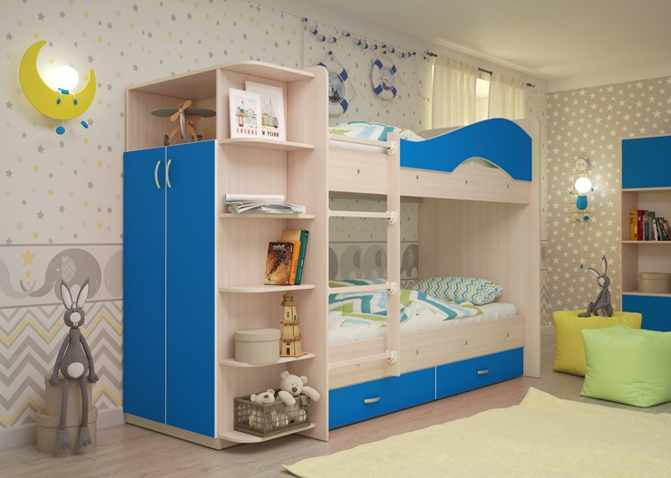 Детская 2-х ярусная кровать Мая с 2 ящиками на щитах, корпус Млечный дуб, фасад Синий в Энгельсе - изображение 1