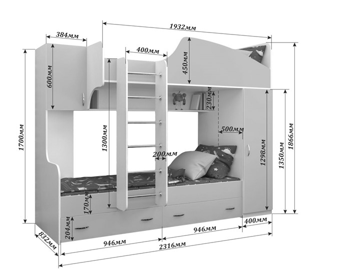 Детская двухэтажная кровать Юниор-2, каркас Ясень анкор темный, фасад Ирис в Саратове - изображение 1