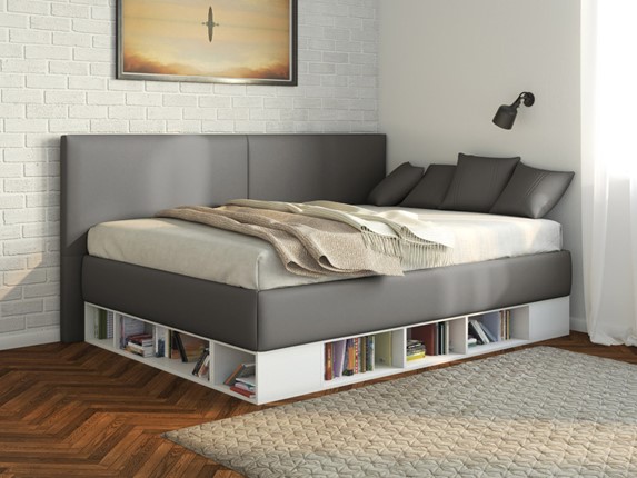 Подростковая кровать Lancaster 1, 120х200, ЛДСП белая, экокожа серая в Саратове - изображение