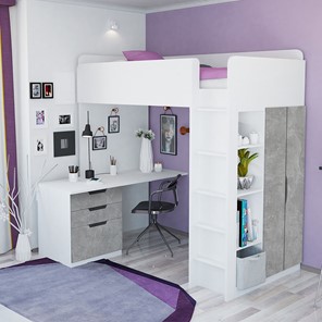 Кровать-чердак с письменным столом и шкафом POLINI Kids Simple Белый / Бетон в Саратове - предосмотр 1