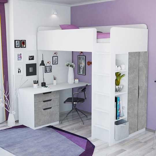 Кровать-чердак с письменным столом и шкафом POLINI Kids Simple Белый / Бетон в Энгельсе - изображение 1