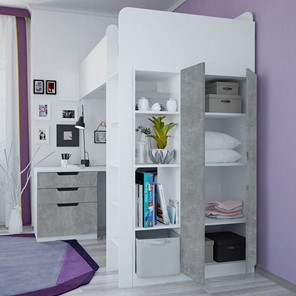 Кровать-чердак с письменным столом и шкафом POLINI Kids Simple Белый / Бетон в Энгельсе - предосмотр 2