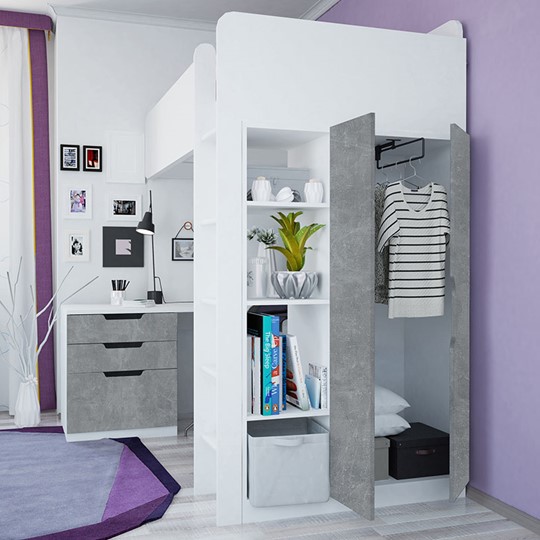 Кровать-чердак с письменным столом и шкафом POLINI Kids Simple Белый / Бетон в Энгельсе - изображение 3