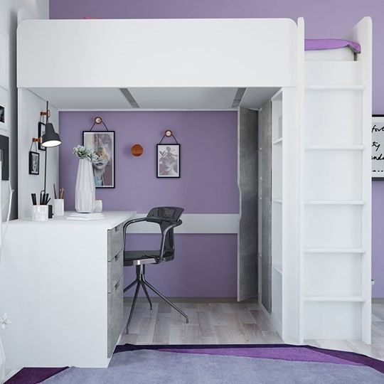 Кровать-чердак с письменным столом и шкафом POLINI Kids Simple Белый / Бетон в Энгельсе - изображение 5