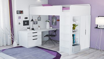 Кровать-чердак с письменным столом и шкафом POLINI Kids Simple Белый в Энгельсе - предосмотр 1