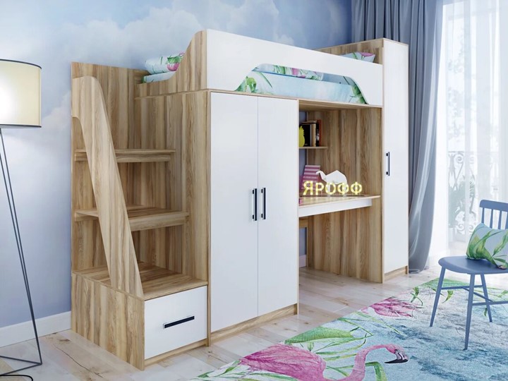 Кровать-чердак в детскую с шкафом Тея, каркас Ясень, фасад Белый в Энгельсе - изображение 1