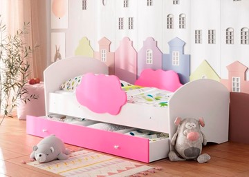 Детская кровать с бортиками Тучка с ящиком, корпус Белый, фасад Розовый в Саратове