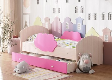 Детская кровать с бортиками Тучка с ящиком, корпус Дуб млечный, фасад Розовый в Энгельсе