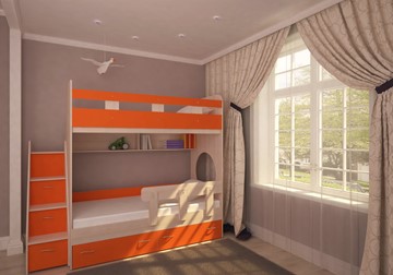 Двухэтажная детская кровать Юниор-1 с бортом, каркас Дуб, фасад Оранжевый в Энгельсе - предосмотр
