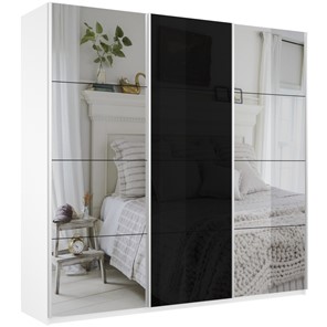 Шкаф 3-дверный Широкий Прайм (2 Зеркала / Стекло черное) 2400x570x2300, Белый Снег в Саратове