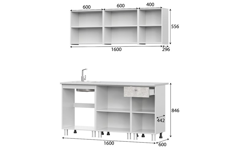 Кухонный гарнитур КГ-1 1600, белый/белый/цемент светлый/антарес в Энгельсе - изображение 2