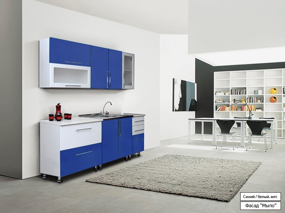 Гарнитур на кухню Мыло 224 2000х718, цвет Синий/Белый металлик в Саратове - изображение